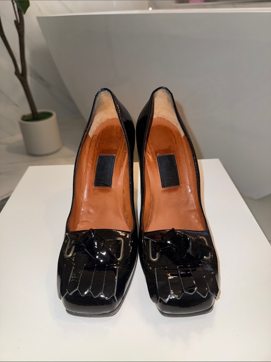 Lanvin Shoes - Beautiful Lanvin Black Patent Square Toe Fringe Metal Pump